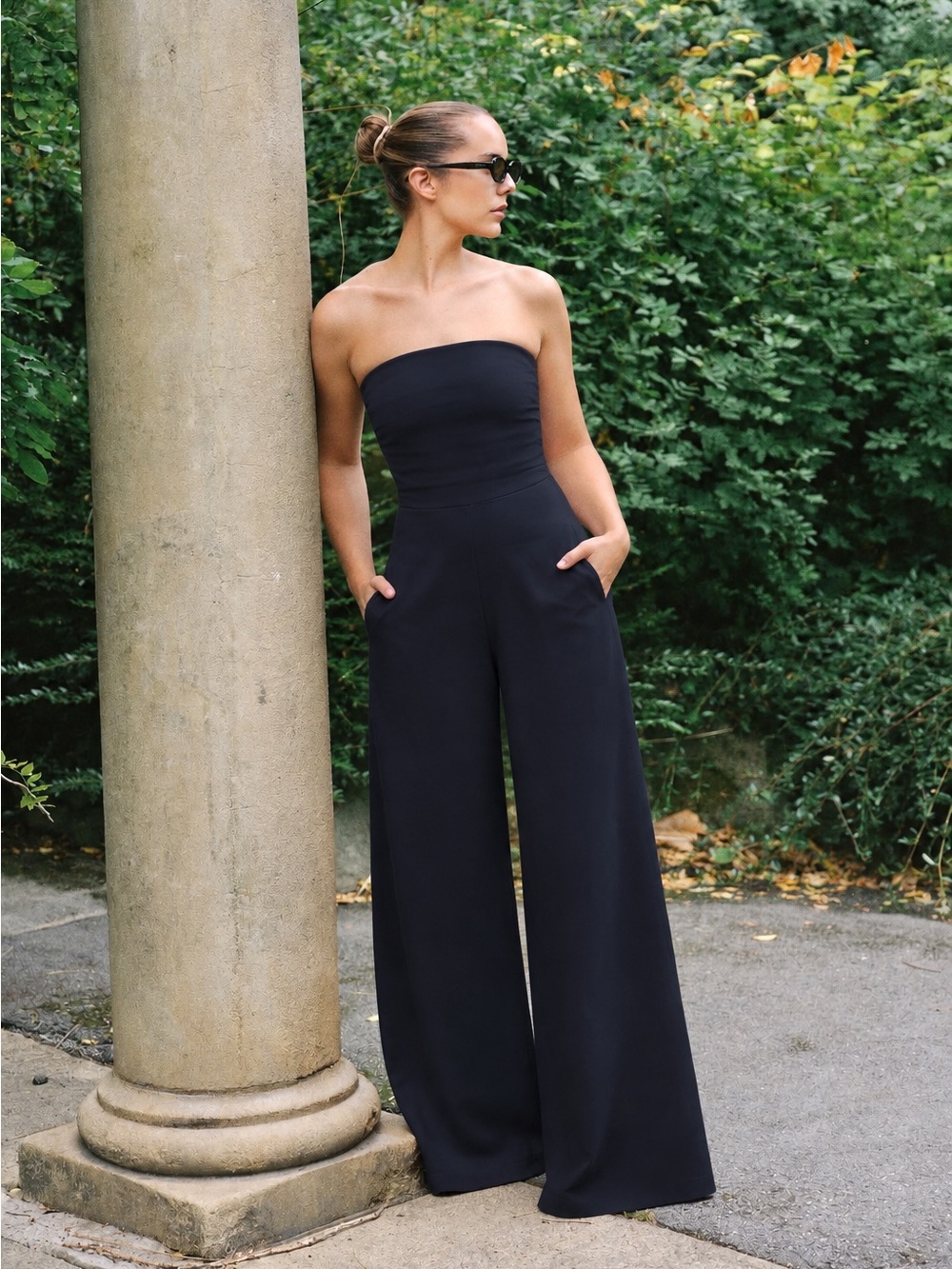 Zara Navy Blue Strapless Long Wide Pant Jumpsuit Fitted Bodice Romper